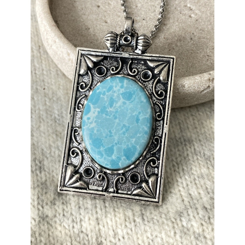 Faux Turquoise Pendant Necklace Silver Tone‎ Southwestern Ornate Large Statement